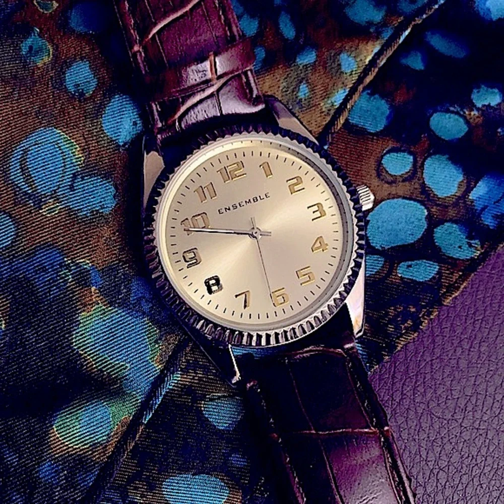 New»Stylish-Clean Men’s Sliver+Gold Classic Brown Leather Watch Band By Ensemble - Picture 12 of 16